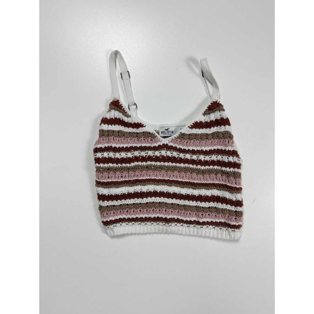 Hollister Women XXS Knit Striped Cami Crop Top V-Neck Adjustable Straps White